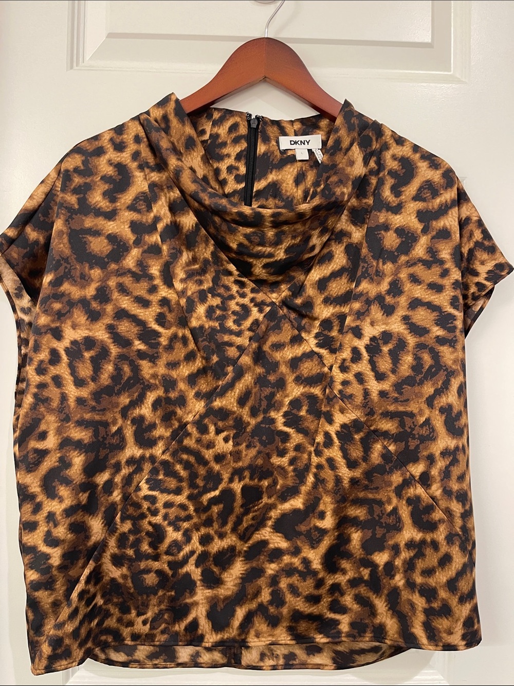 DKNY Leopard Print Cowl Neck Cap Sleeve Top in Brown and Black